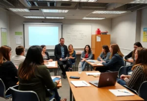 Teachers in a classroom engaged in discussion about social media and professional ethics