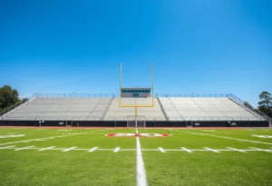 Empty high school football field with goalposts