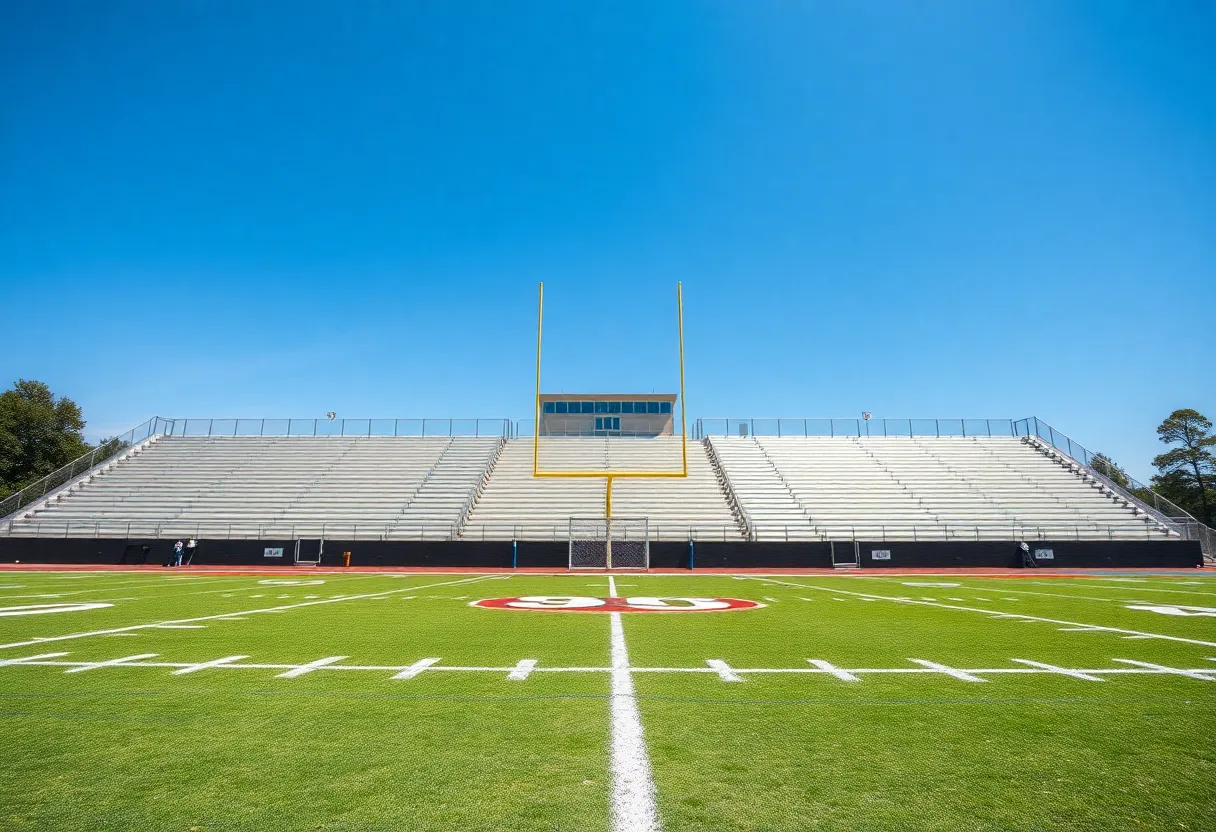 Empty high school football field with goalposts