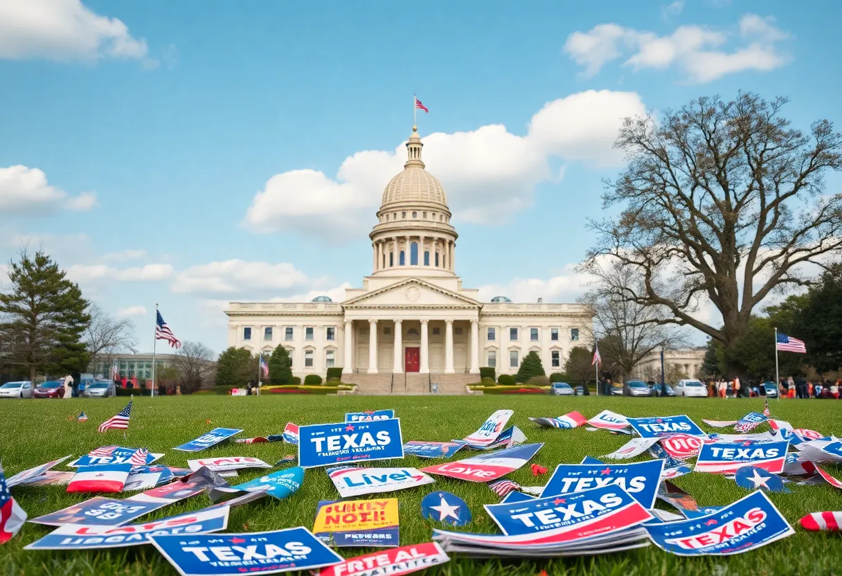 A view of the Texas state capitol with campaign material in the foreground.