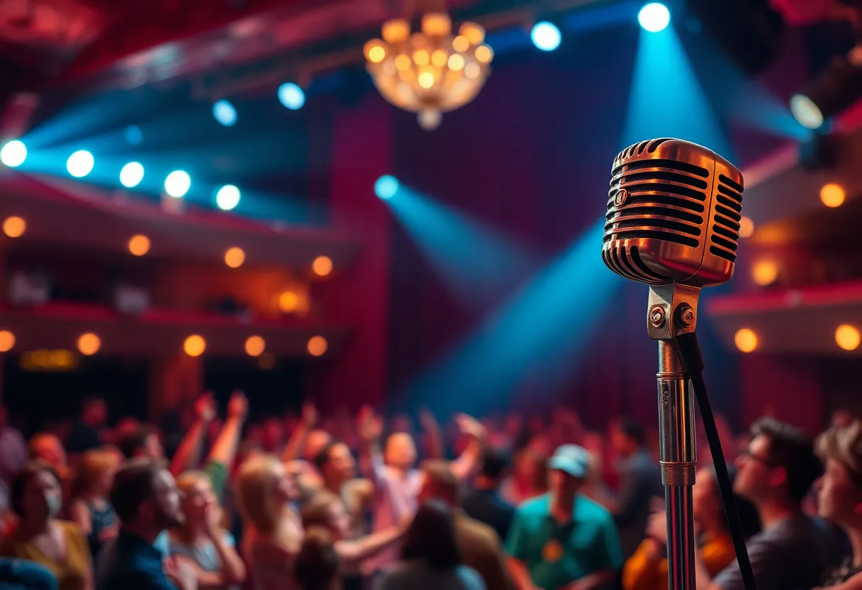 A lively theater performance of A Beautiful Noise musical showcasing stage lights and an audience.