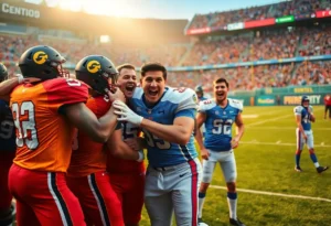 UAB football team celebrating victory against Memphis