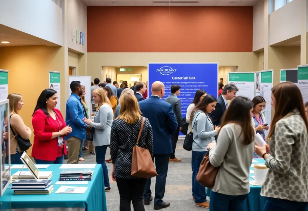 A busy career fair at Agape Health Care with job seekers and booths.