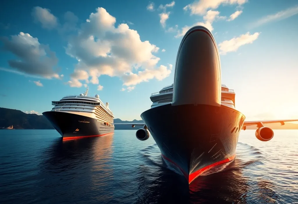 Luxury cruise ship and an airplane in a travel atmosphere