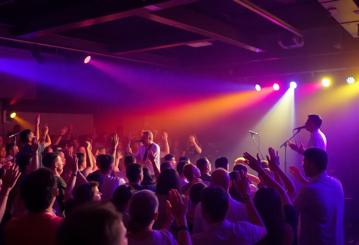 Local band performing on stage at their sendoff concert.