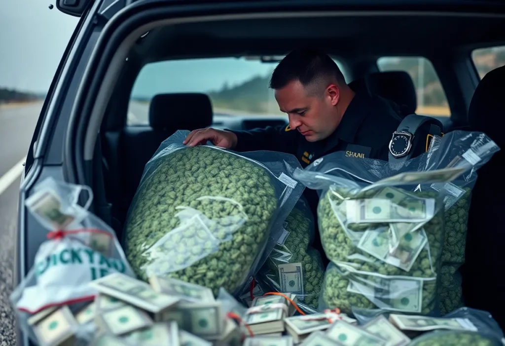 Arkansas police officer examining illegal marijuana confiscated from a vehicle