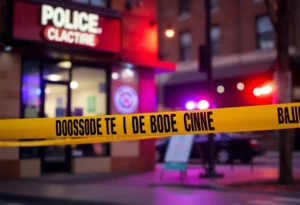 Police tape at a crime scene involving armed robberies in an urban environment.