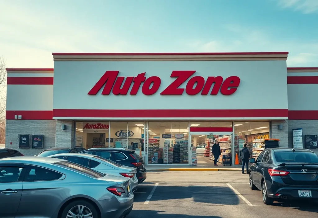 Exterior view of an AutoZone store with cars in the parking lot and customers entering.