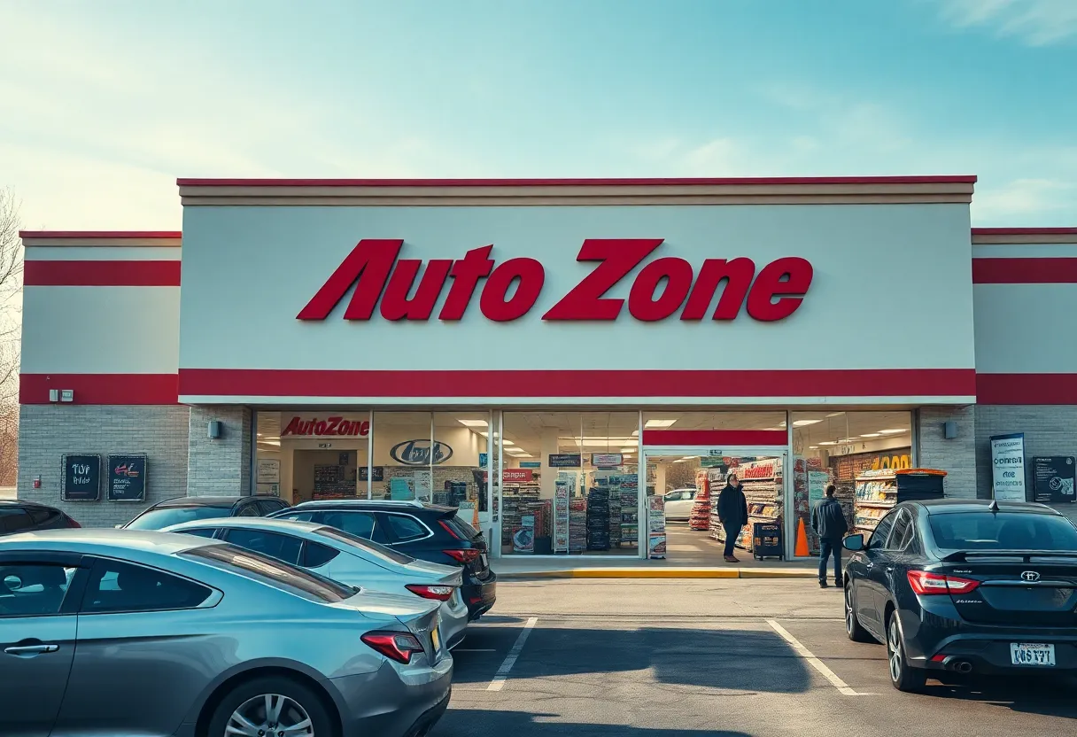 Exterior view of an AutoZone store with cars in the parking lot and customers entering.