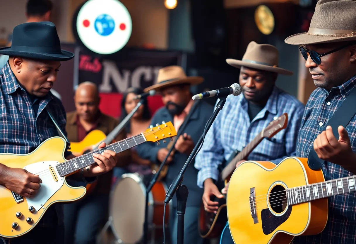 A group of musicians performing blues music on stage