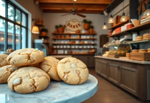 Oversized cookies displayed in a charming bakery setting