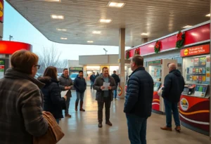 Crowd at a gas station discussing Powerball jackpot win