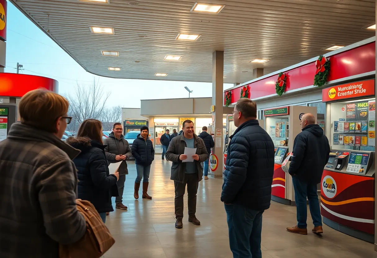 Crowd at a gas station discussing Powerball jackpot win