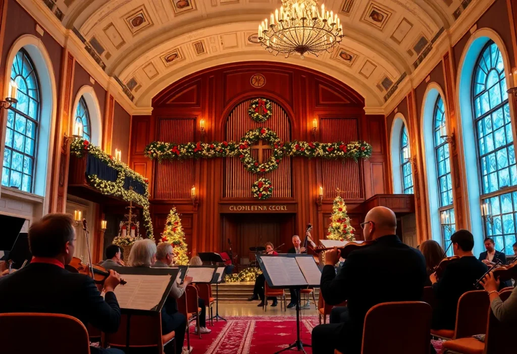 Musicians performing at a Christmas concert surrounded by candlelight.