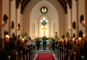 Musicians performing at a candlelight concert in a chapel