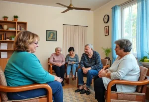 Scene depicting a caregiver supporting an individual with disabilities in a group home setting.