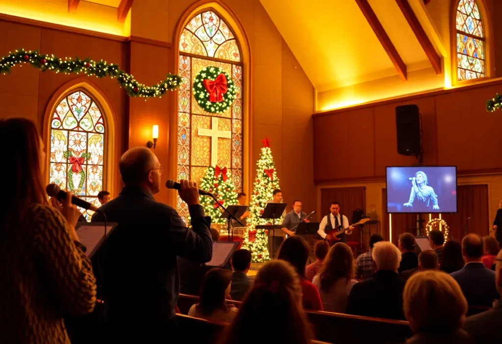 Scene of a Christmas worship concert with a band on stage at a church