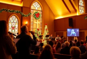 Scene of a Christmas worship concert with a band on stage at a church