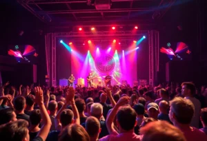 A lively concert crowd enjoying a music performance with bright lights.
