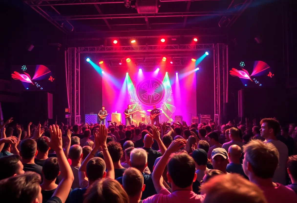 A lively concert crowd enjoying a music performance with bright lights.