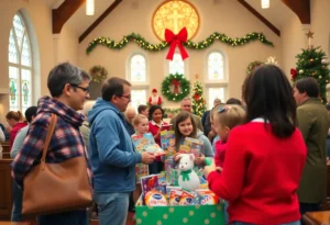 Families enjoying the Christmas Palooza event with decorations and gifts.