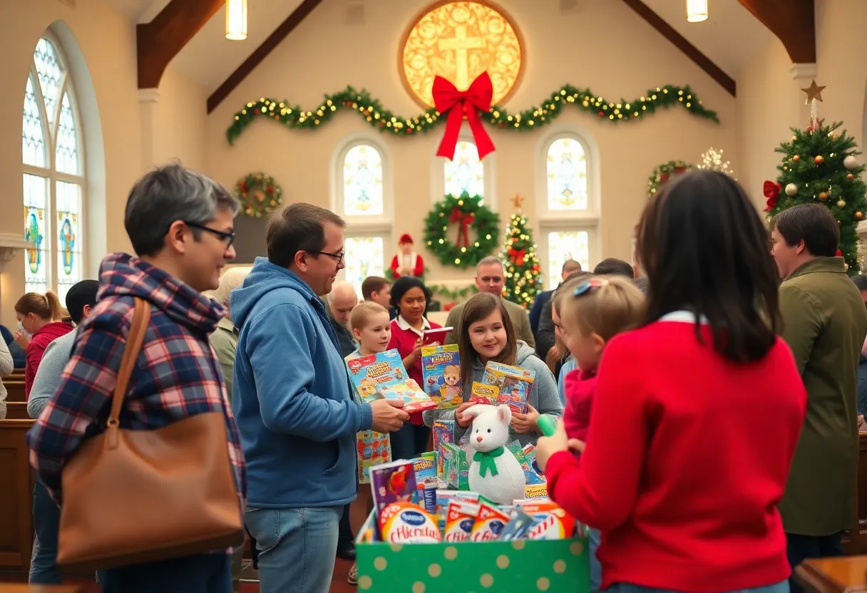 Families enjoying the Christmas Palooza event with decorations and gifts.