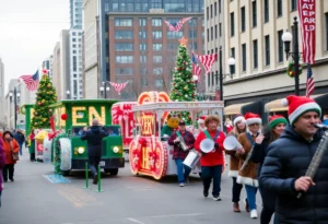 Christmas parade in Downtown Memphis with floats and marching bands