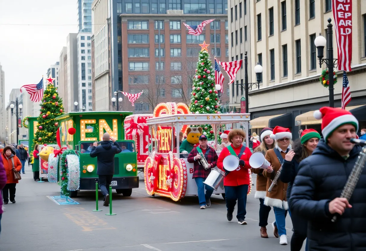 Christmas parade in Downtown Memphis with floats and marching bands