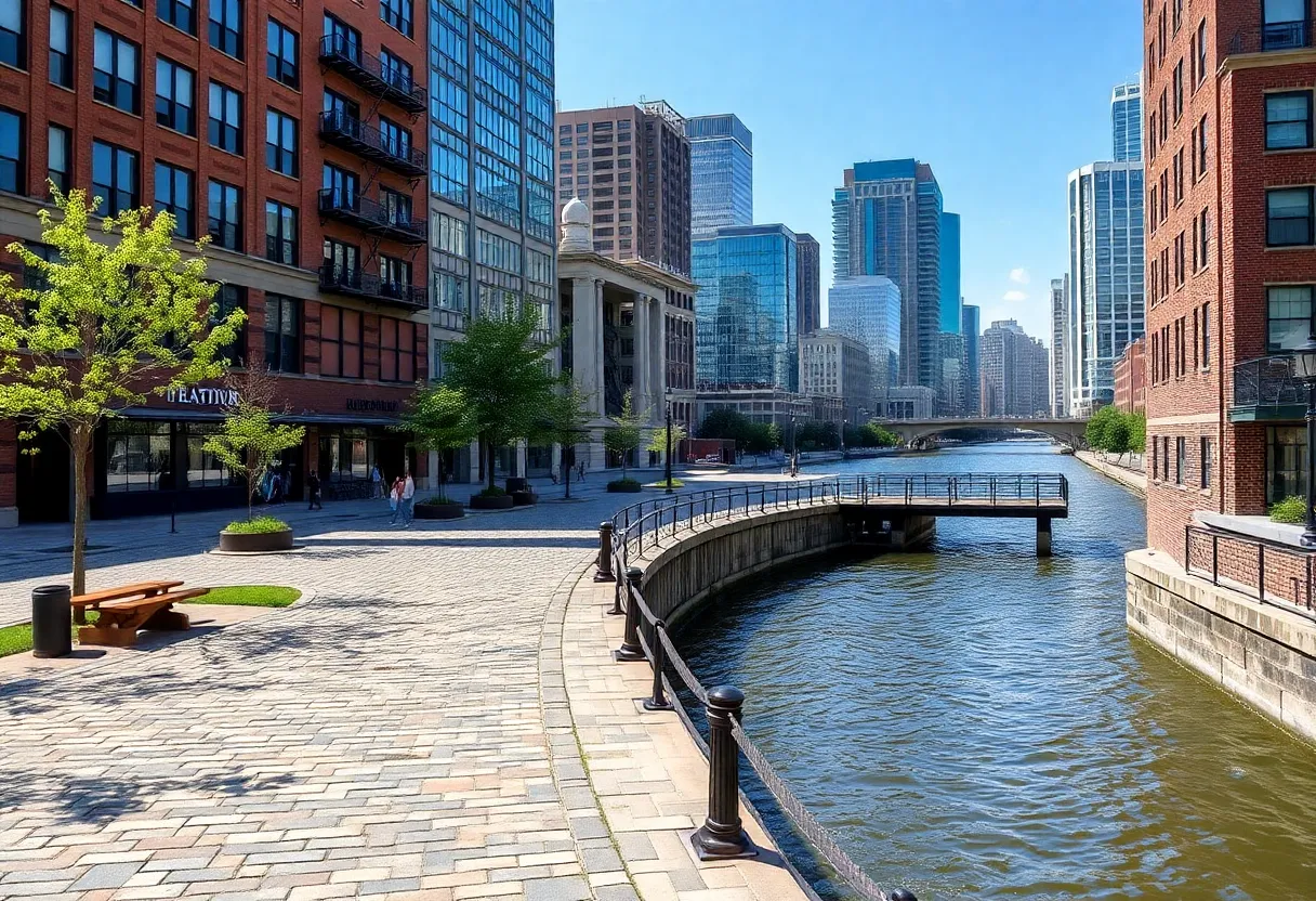 View of the restored Cobblestone Landing along the Mississippi River in Memphis