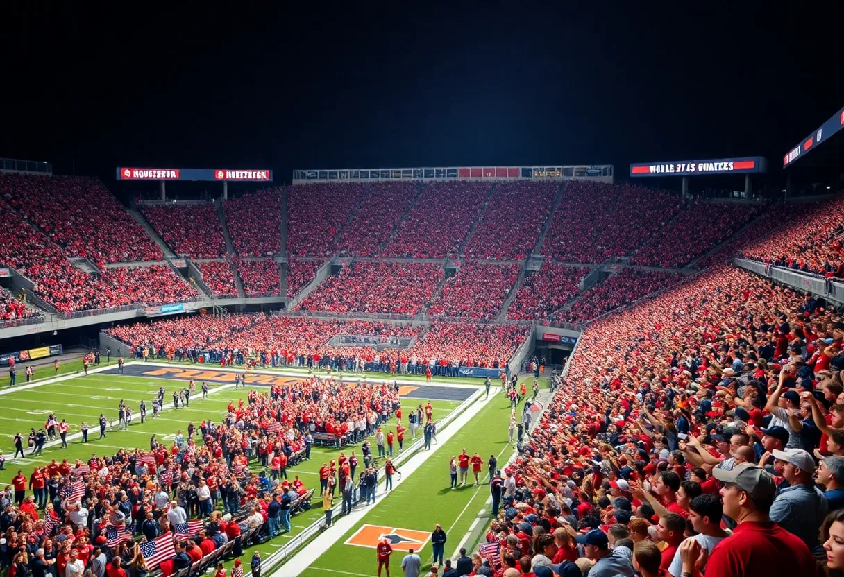 Fans at a college football game celebrating
