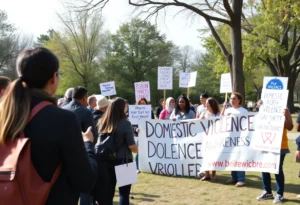 A group of people holding banners at a domestic violence awareness event in Memphis.
