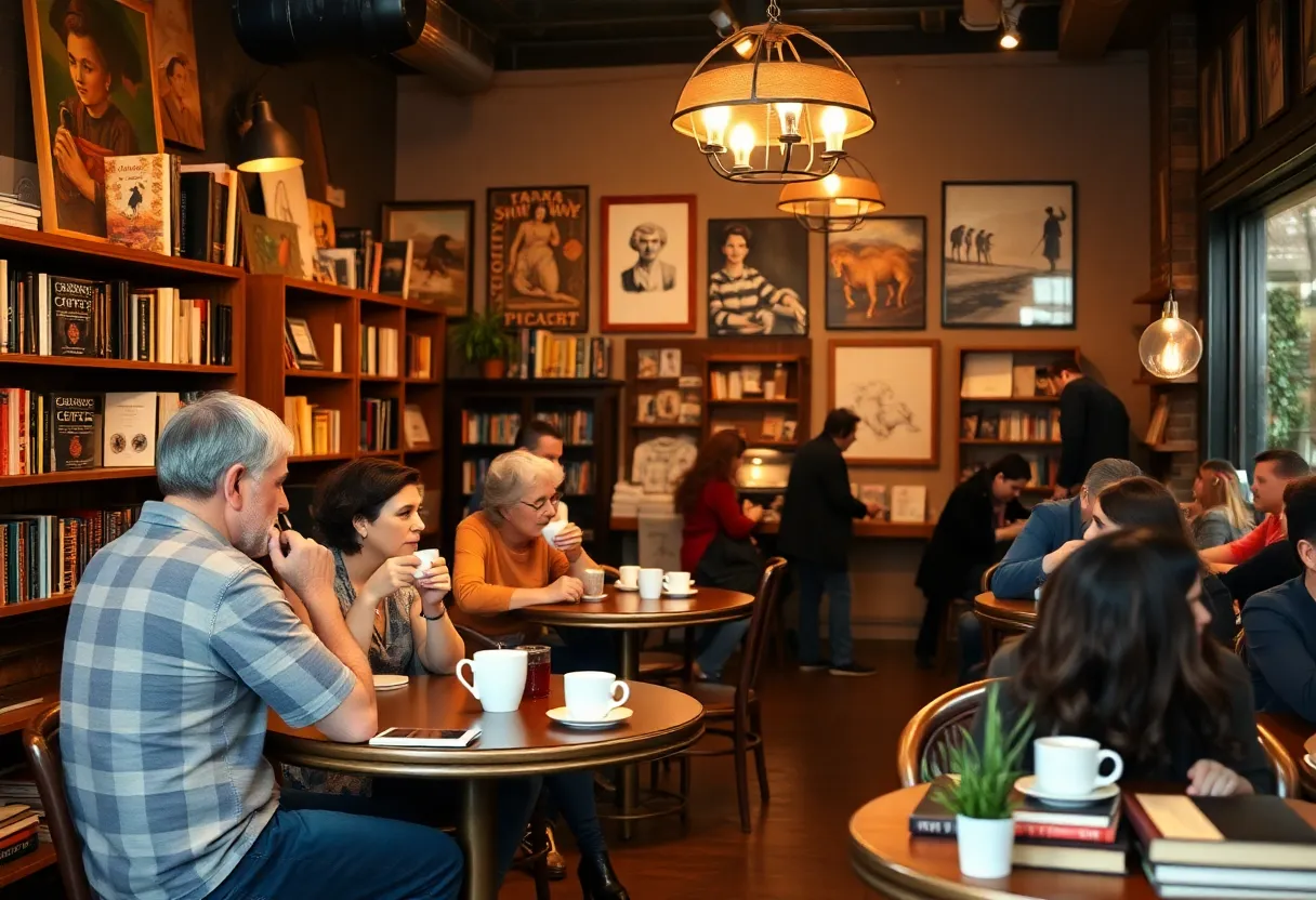 A community coffee shop atmosphere in Memphis with patrons enjoying coffee and conversation.