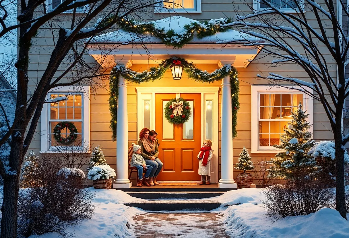A family home decorated for the holidays, symbolizing community support and kindness.