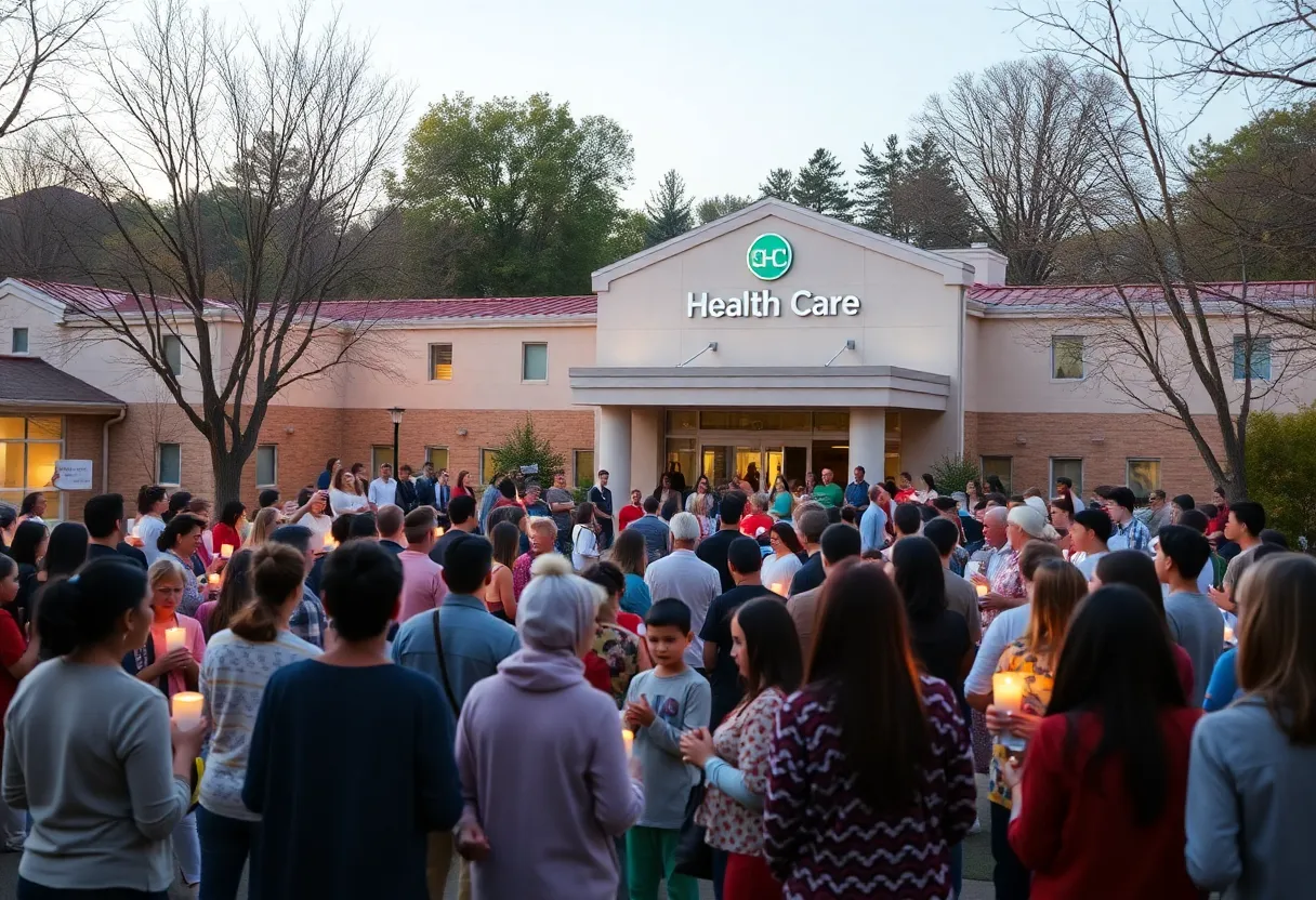 A community gathering for child safety awareness outside a children's hospital.