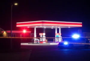 Police presence at a gas station following a stabbing incident