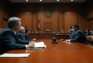 A courtroom setting with lawyers discussing juvenile crime cases