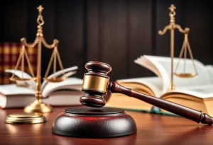 Courtroom setting with legal books and a gavel