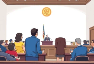 Illustration of a courtroom with legal proceedings