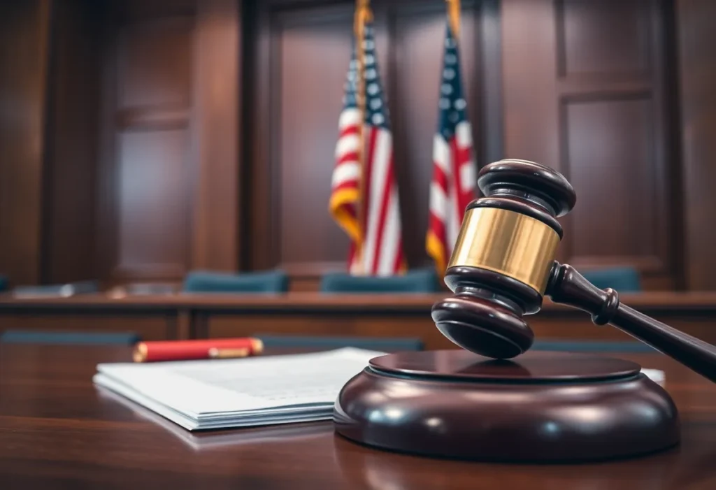 A courtroom with a gavel and legal documents.
