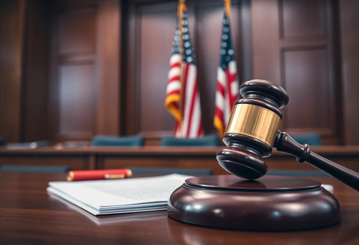 A courtroom with a gavel and legal documents.