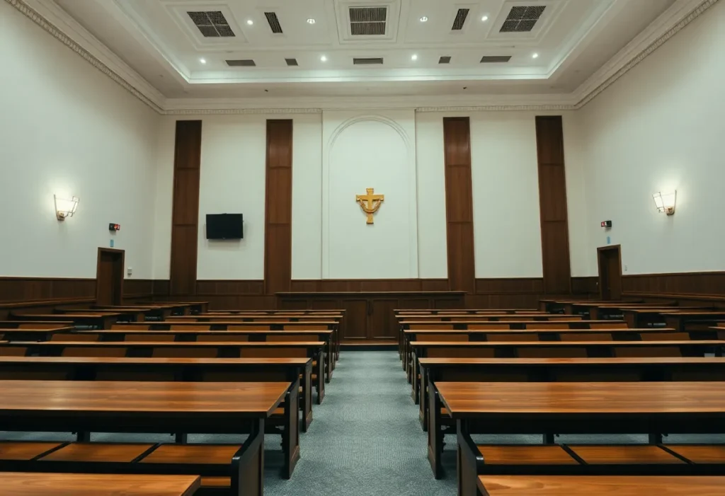 Empty courtroom with wooden benches