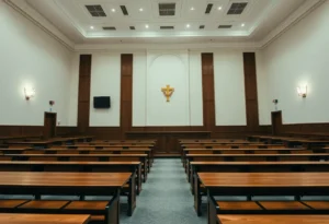 Empty courtroom with wooden benches