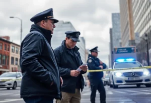 Detectives investigating a crime scene in an urban setting