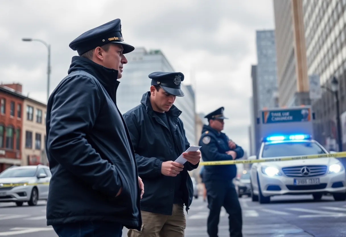 Detectives investigating a crime scene in an urban setting