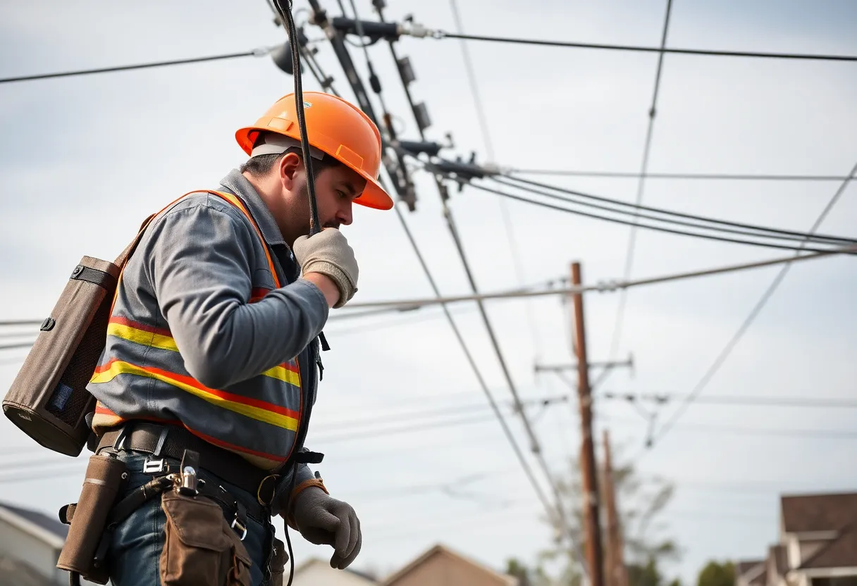 Lineman performing maintenance on power lines safely