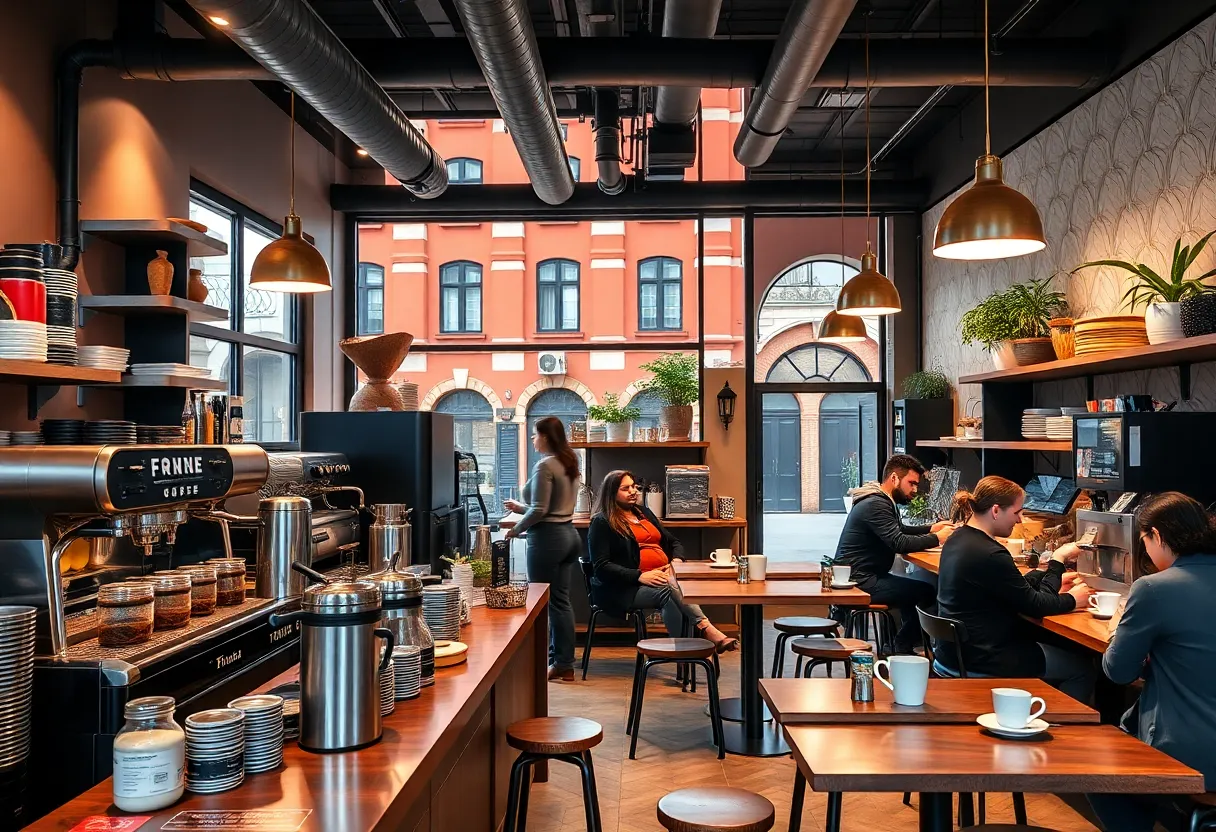 Interior of Cxffeeblack cafe with coffee roasting equipment and happy customers