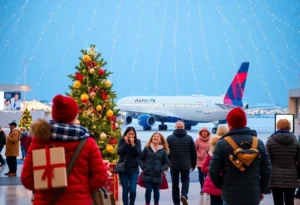 Families enjoying the Delta Fantasy Flight event at the airport.