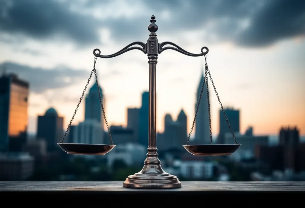 Symbolic balance scale representing ethical leadership with Memphis skyline.