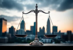 Symbolic balance scale representing ethical leadership with Memphis skyline.