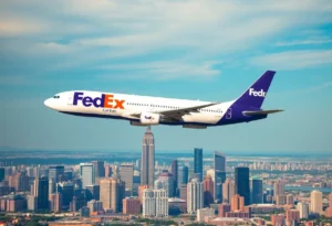 FedEx cargo plane flying over the city